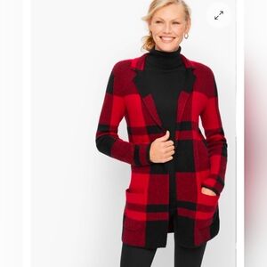 Talbots Plaid Cotton Blend Sweater Jacket, Red, XL